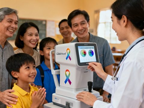 A family at a screening station with a clinician